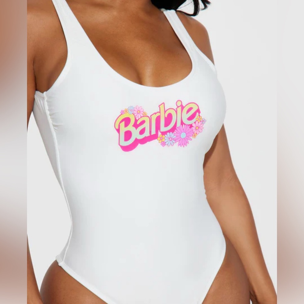 Fashion Nova White One-Piece Swimsuit with Pink Barbie Logo
